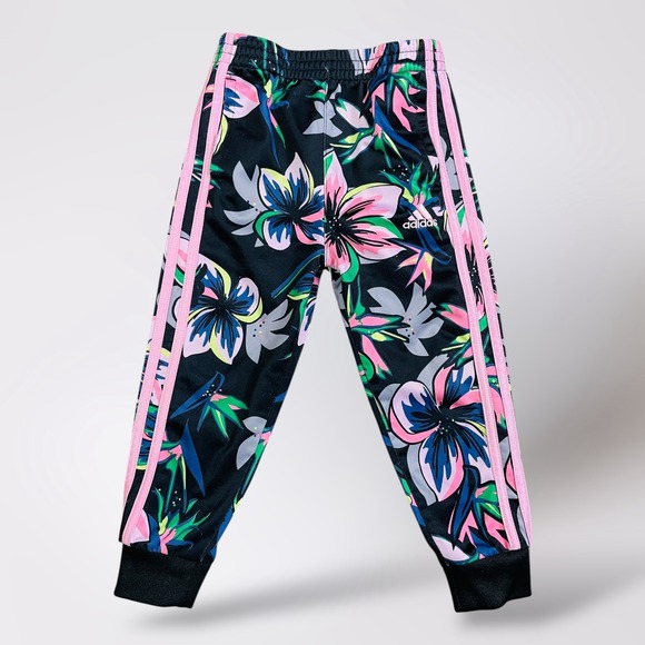 Adidas Floral Track Pants Size 3T Toddler Pink 3 Stripe Black Flowers - Picture 1 of 9